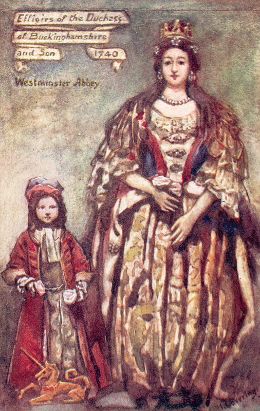 Effigies van de hertogin van Buckingham en haar zoon in Westminster Abbey (kleurenlitho) door English School