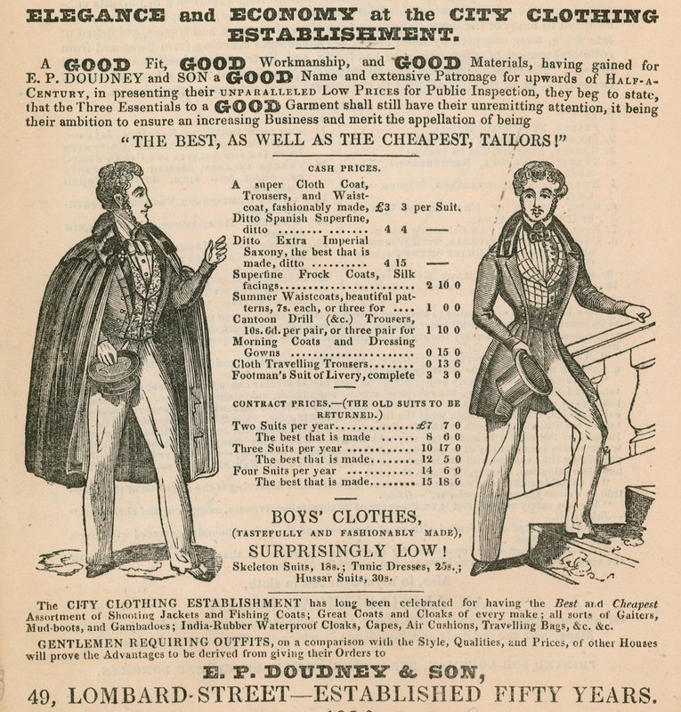 Elegantie en economie bij de City Clothing Establishment; E P Doudney & Son, 49 Lombard Street, Londen door English School