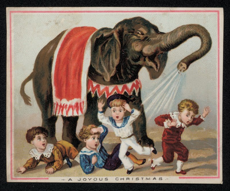 Olifant die speels kinderen besproeit met water, kerstkaart door English School