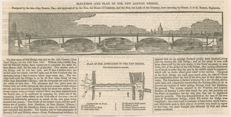 Elevatie en plan van de nieuwe London Bridge door English School