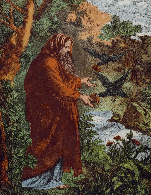 Elia en de raven (gekleurde gravure) door English School