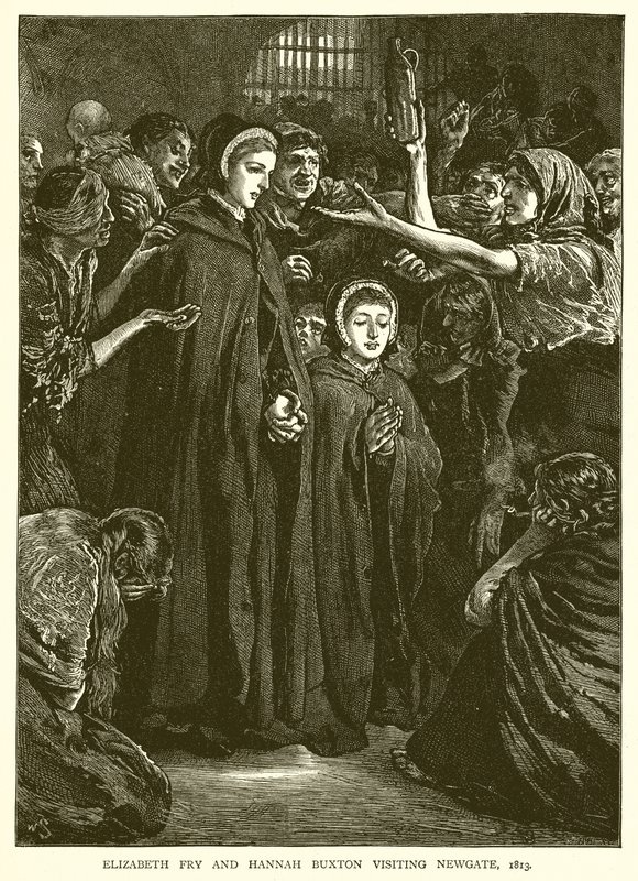 Elizabeth Fry en Hannah Buxton bezoeken Newgate, 1813 door English School