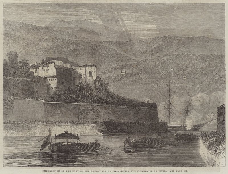 Inscheping van het Lichaam van de Czarewitch in Villafranca, voor Vervoer naar Rusland (gravure) door English School