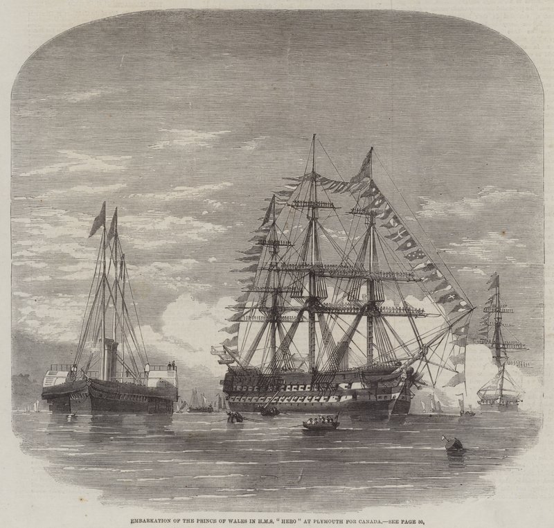 Inscheping van de Prins van Wales in HMS "Hero" in Plymouth voor Canada (gravure) door English School