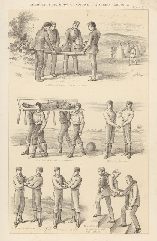 Noodmethoden voor het dragen van gewonden (gravure) door English School