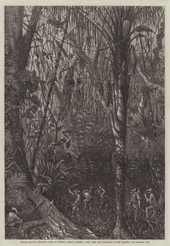 Engelse spoorwegopmetingsploeg in Midden-Amerika die een weg van het Meer van Nicaragua naar de Atlantische Oceaan aanlegt (gravure) door English School