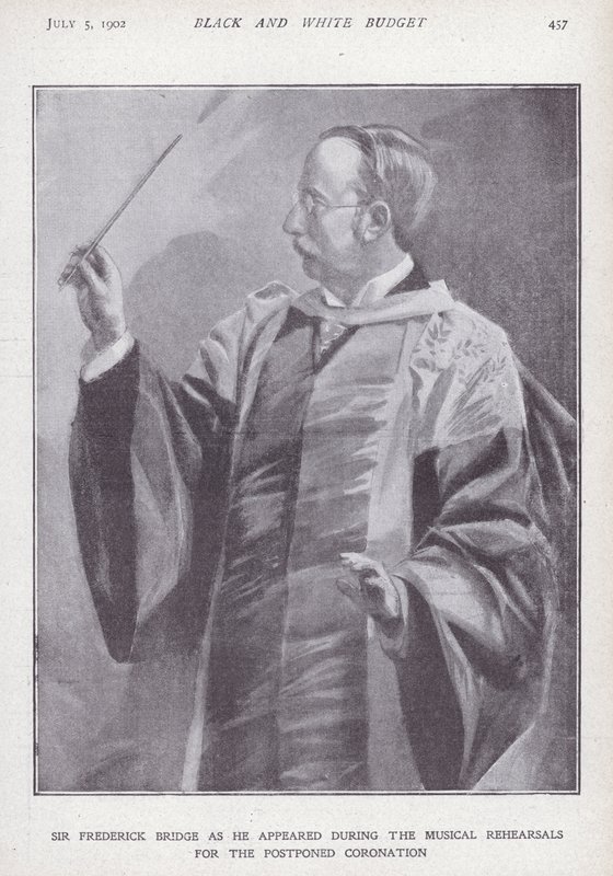 Engelse componist, organist en dirigent Sir Frederick Bridge die repeteert voor de uitgestelde kroning van koning Edward VII door English School