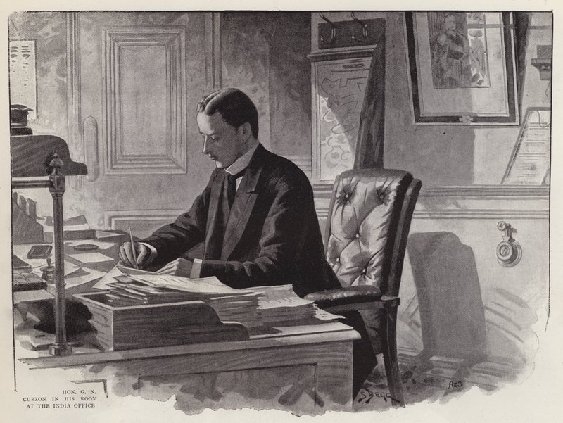 Engelse politicus George Curzon aan het werk in zijn kantoor bij het India Office door English School