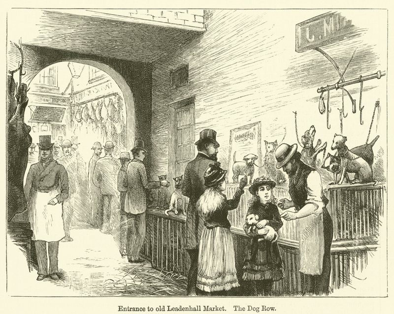 Ingang naar de oude Leadenhall Market, The Dog Row (gravure) door English School