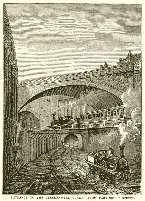 Ingang van de Clerkenwell Tunnel vanaf Farringdon Street door English School