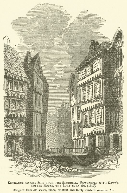 Ingang naar de Side vanaf de Sandhill, Newcastle met Katys Coffee House, de Lort Burn enz., 1640, ontworpen vanuit oude uitzichten, plannen, bestaande en onlangs bestaande overblijfselen, enz. door English School