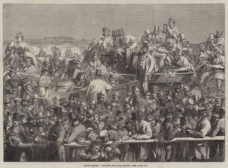 Epsom Races, wachten op de start (gravure) door English School