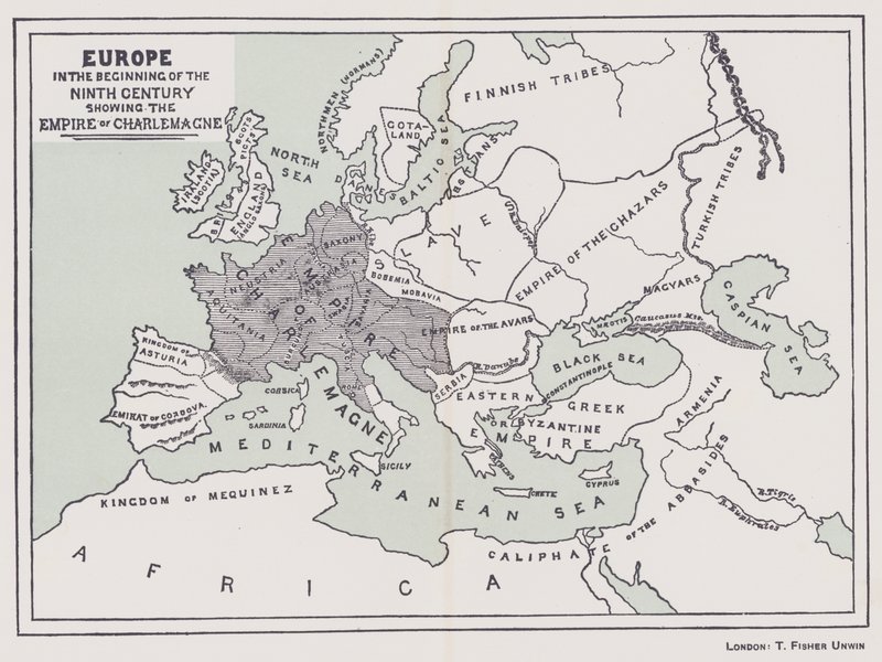 Europa, aan het begin van de negende eeuw met het rijk van Karel de Grote (kleur litho) door English School