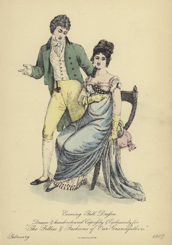Avondkleding voor dames en heren (gekleurde gravure) door English School