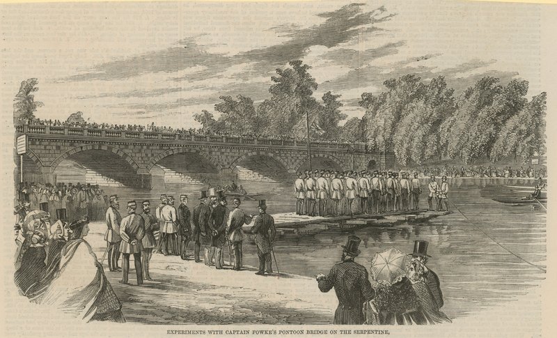 Experimenten met Captain Fowkes pontonbrug op de Serpentine, Hyde Park door English School