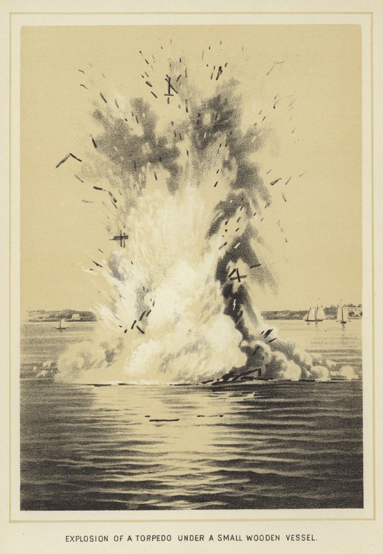 Explosie van een torpedo onder een klein houten vaartuig door English School