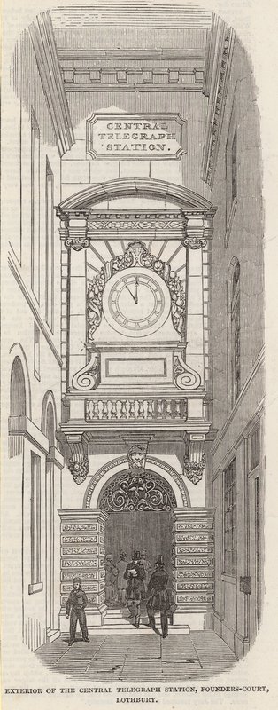 Exterieur van het Centrale Telegraafstation, Pounders Court, Lothbury door English School
