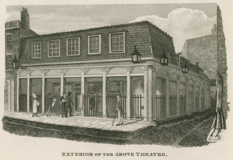 Exterieur van het Royal Olympic Theatre, Wych Street, nabij Drury Lane, Londen door English School
