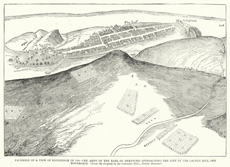 Facsimile van een Uitzicht op Edinburgh in 1544, het Leger van de Graaf van Hertford nadert de Stad via de Calton Hill en Watergate (gravure) door English School