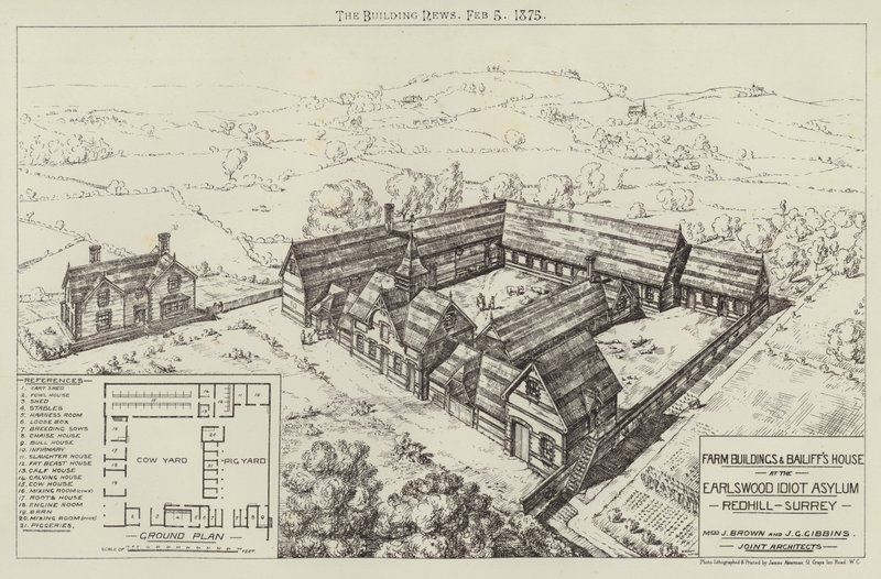 Boerderijgebouwen en huis van de opzichter bij het Earlswood Idiot Asylum, Redhill, Surrey door English School