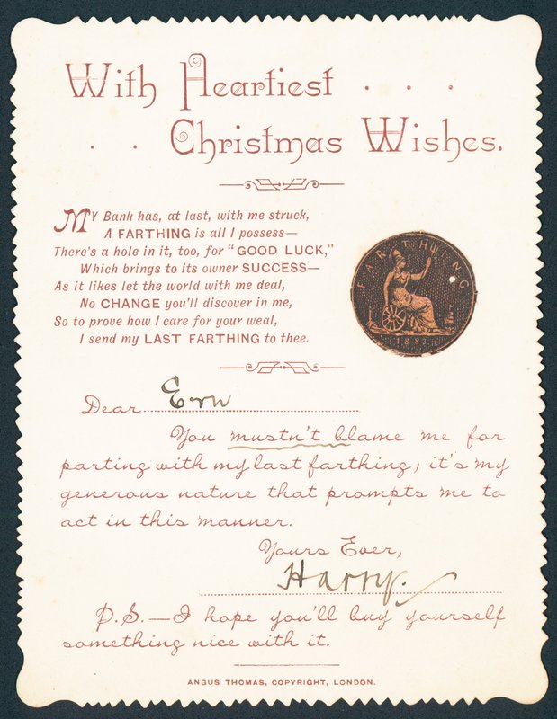 Farthing met gat, kerstkaart door English School