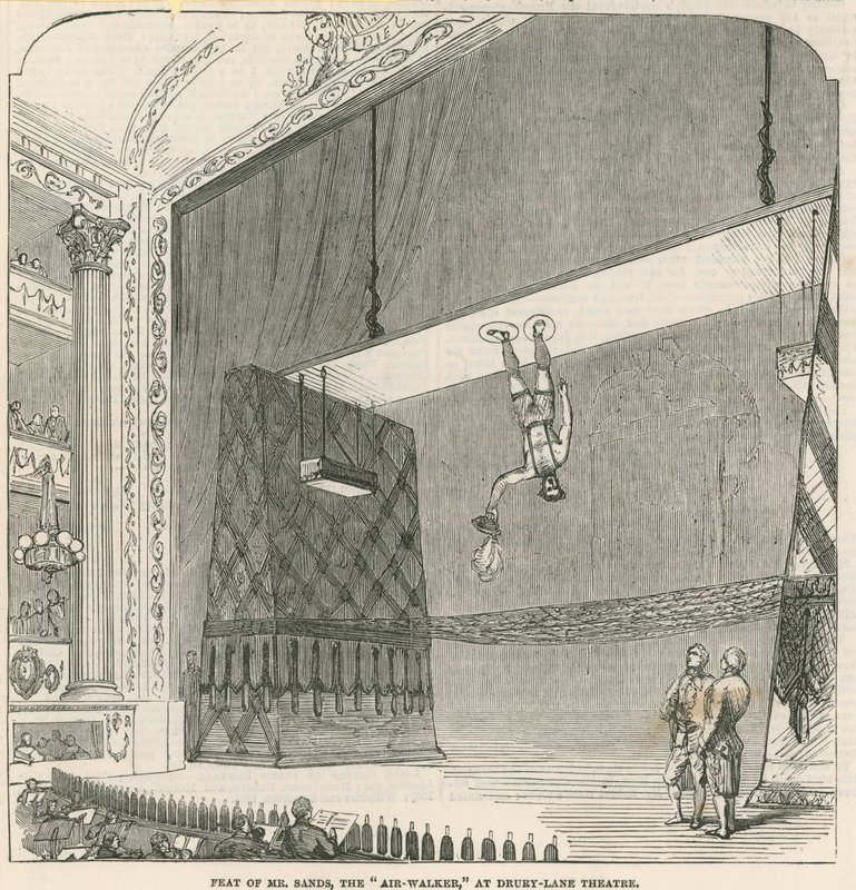 Stunt van Mr Sands, de luchtwandelaar, in Drury Lane Theater, Londen door English School