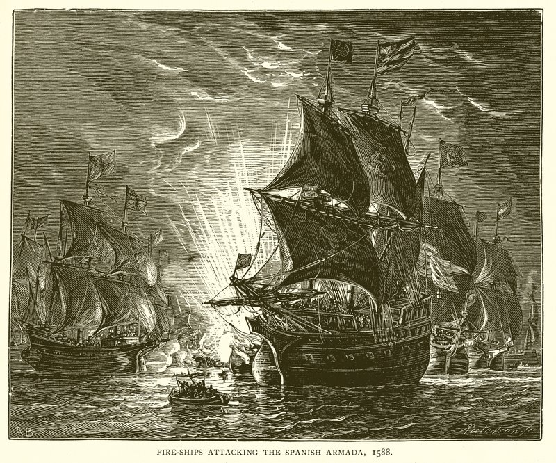 Branderschepen vallen de Spaanse Armada aan, 1588 door English School