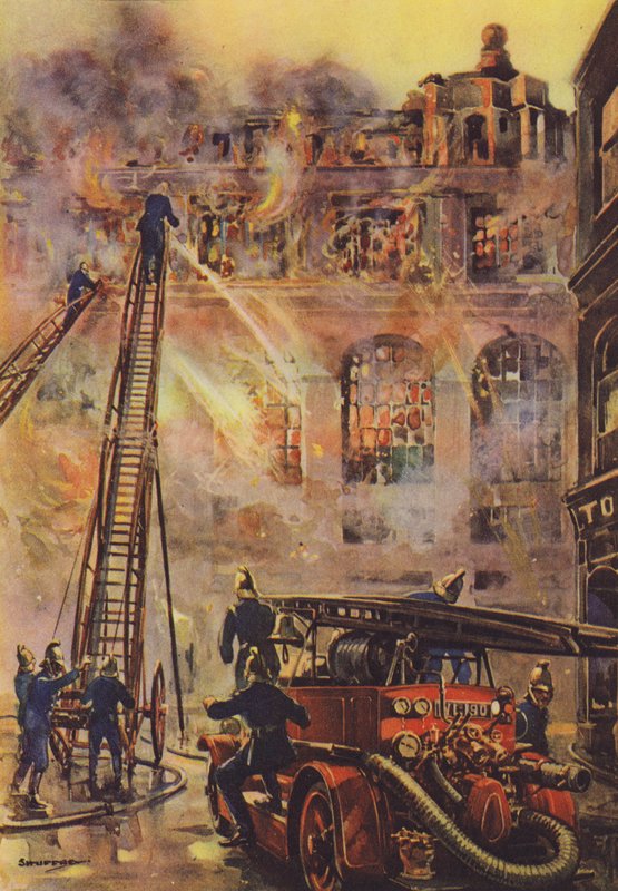 Brandweerlieden bestrijden een brand in een groot hotel door English School