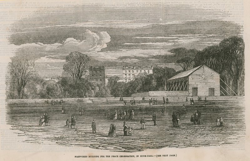 Vuurwerkgebouw voor de vredesviering in Hyde Park, Londen door English School