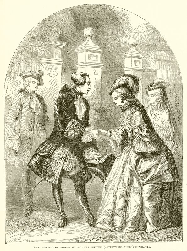 Eerste ontmoeting van George III en prinses (later koningin) Charlotte door English School