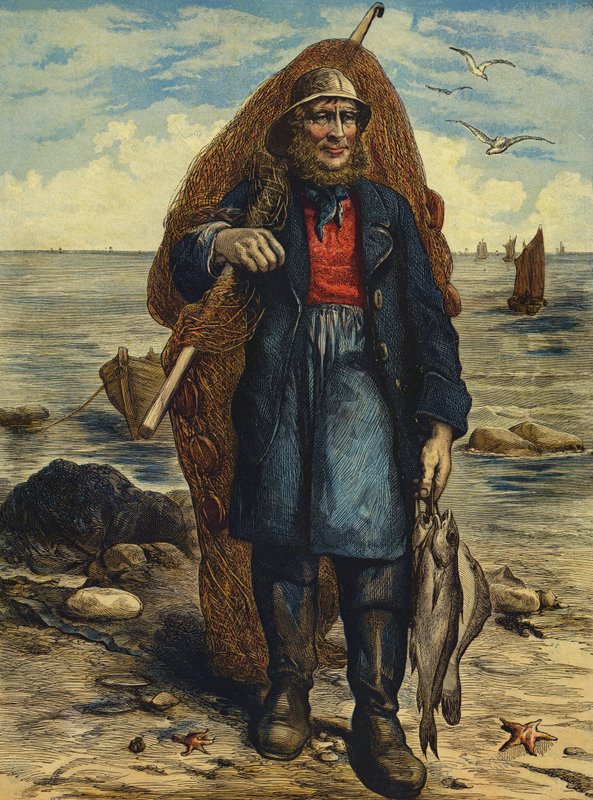Visser die zijn netten draagt en zijn vangst vasthoudt (gekleurde gravure) door English School