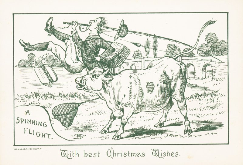 Visser gegooid door stier, kerstkaart door English School