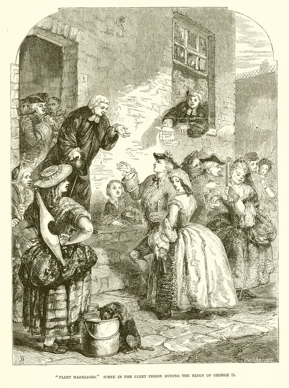 Fleet huwelijken. Scène in de Fleet gevangenis tijdens het bewind van George II door English School