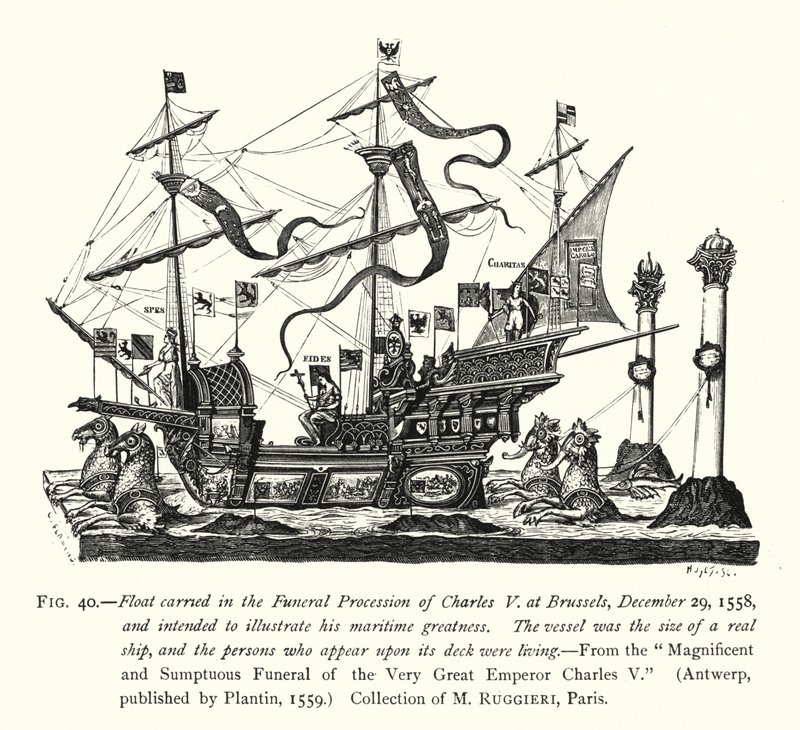 Float gedragen in de Begrafenisstoet van Karel V in Brussel, 29 december 1558, bedoeld om zijn maritieme grootheid te illustreren door English School