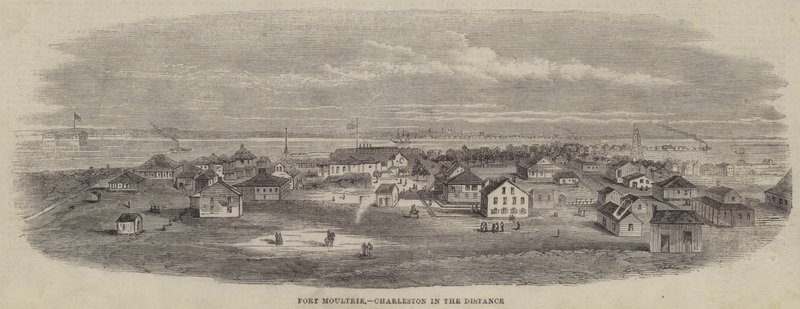 Fort Moultrie, Charleston in de verte (gravure) door English School