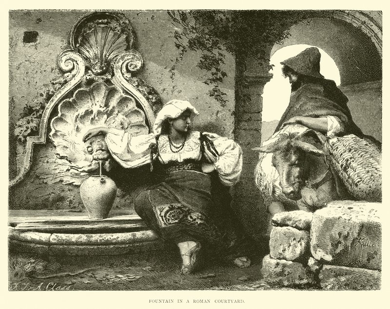 Fontein in een Romeinse binnenplaats door English School