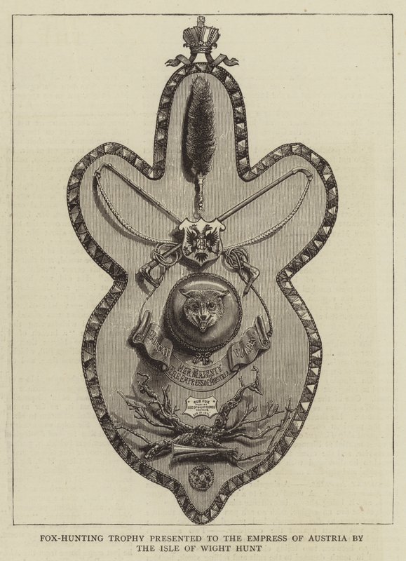 Vossenjacht trofee aangeboden aan de keizerin van Oostenrijk door de Isle of Wight Hunt (gravure) door English School