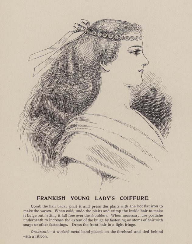 Het kapsel van een Frankische jongedame (gravure) door English School