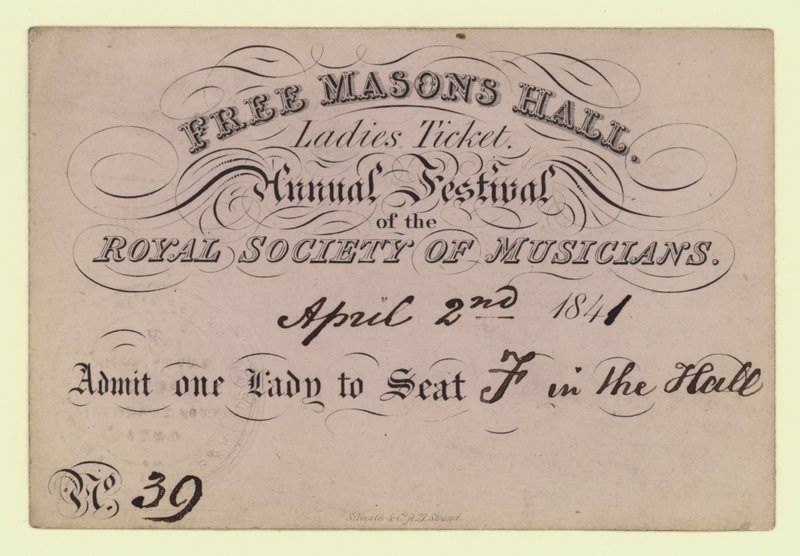 Vrijmetselaarszaal, Dameskaart, Jaarlijks Festival, Koninklijke Vereniging van Musici, 2 april 1841 door English School