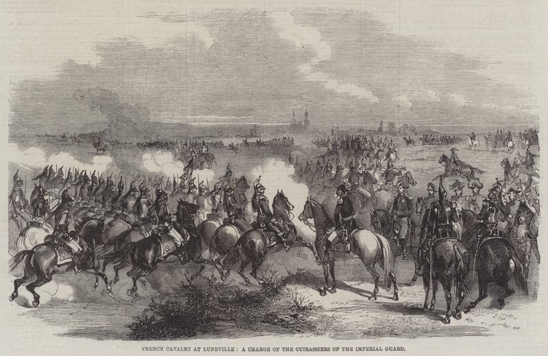 Franse Cavalerie in Luneville, een Aanval van de Cuirassiers van de Keizerlijke Garde door English School