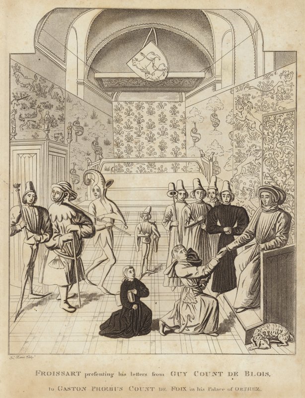Froissart presenteert zijn brieven van Guy Court de Blois aan Gaston Phoebus Graaf van Foix in zijn paleis van Orthez door English School