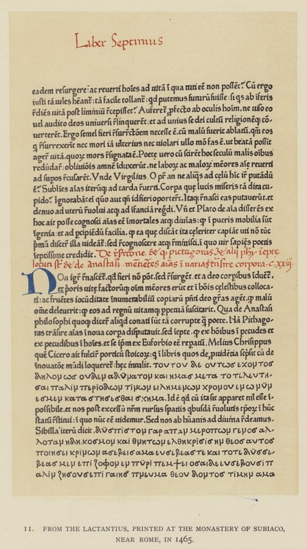 Uit de Lactantius, gedrukt in het klooster van Subiaco, nabij Rome, in 1465 door English School