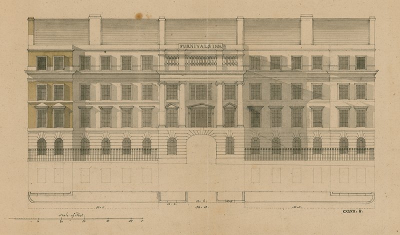 Vooraanzicht van Furnivals Inn, Holborn, Londen door English School