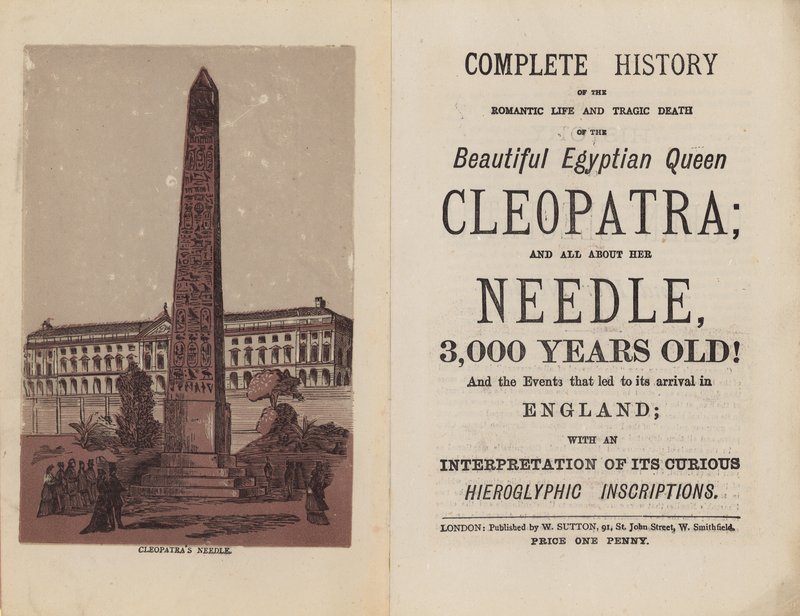Frontispice en titelpagina voor Complete geschiedenis van het romantische leven en de tragische dood van de mooie Egyptische koningin Cleopatra door English School