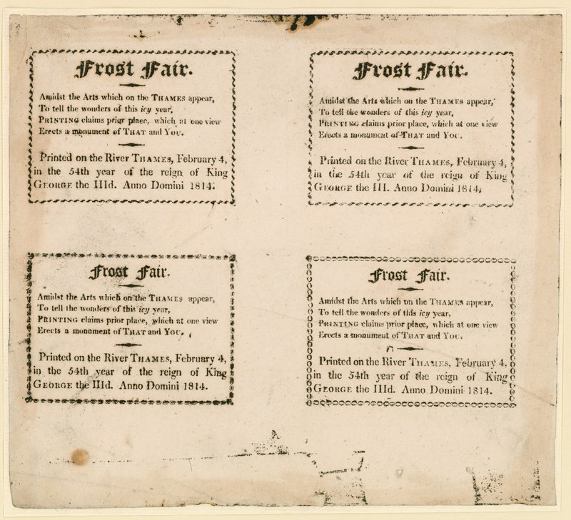 Frost Fair van 1814 - souvenirs gedrukt op het ijs door English School
