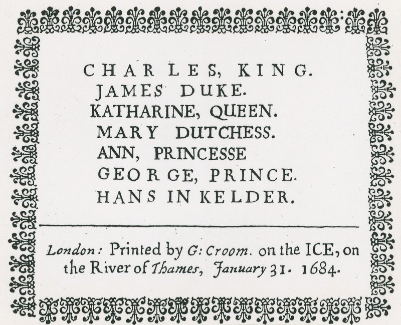 Frost Fair op de Theems, gedrukt souvenir voor koning Karel II en familie, 1684 door English School