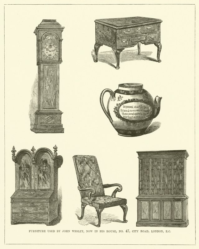 Meubilair gebruikt door John Wesley, nu in zijn huis, nr. 47, City Road, Londen, EC (gravure) door English School