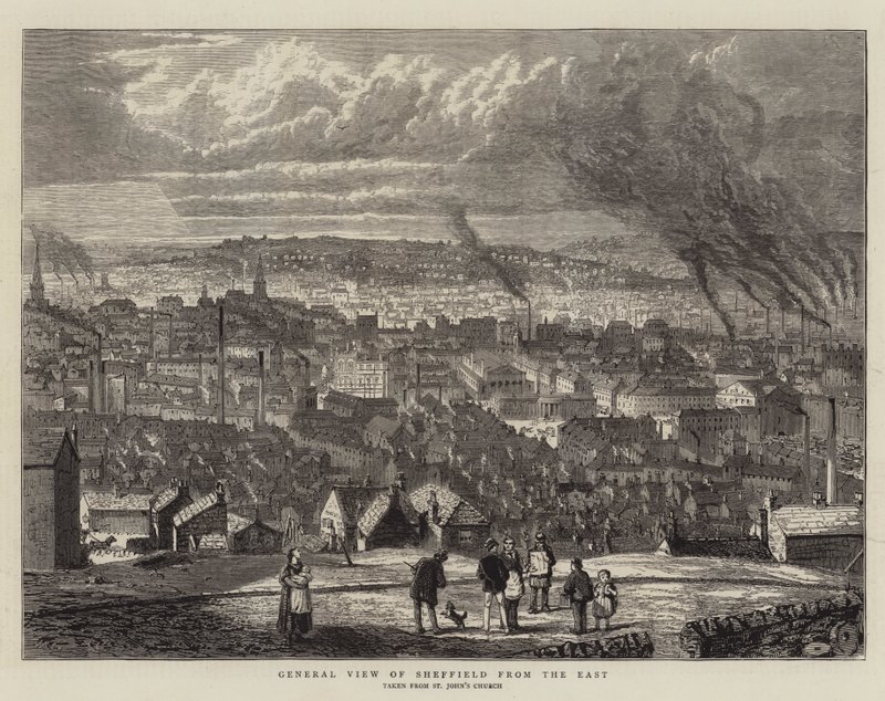 Algemeen uitzicht op Sheffield vanuit het oosten (gravure) door English School
