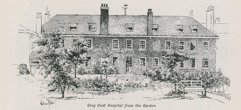 Algemeen uitzicht op Grey Coat Hospital vanuit de tuin door English School
