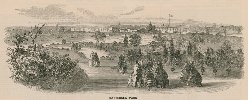 Algemeen beeld van mensen die wandelen in Battersea Park door English School